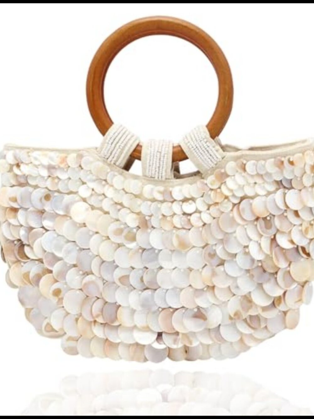 Handmade Shell Beaded Wooden Handle Clutch Bag